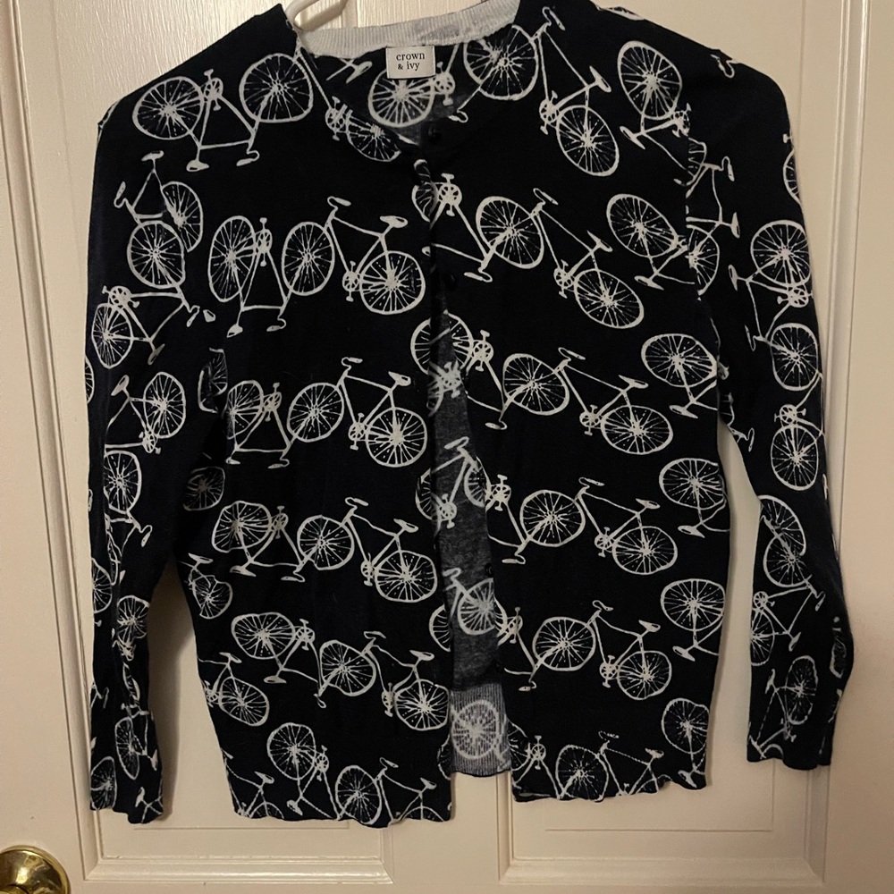 Crown & Ivy Black and White Bicycle Pattern Cardigan